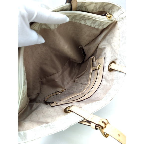 Michael Kors Jet Set Gray Crossgrain Leather MK Printed Pocket Tote Shoulder Bag - Picture 13 of 16